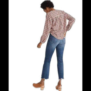 Madewell Meadow Orange Brown Checker Plaid Collarless Button Down Size XS